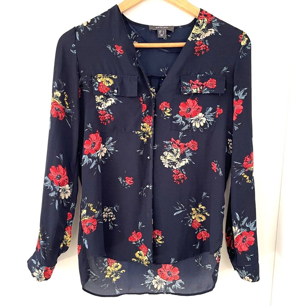 Primark Women's Size 0 Long Sleeve Navy Blue Floral Blouse V-Neck Boho Pocket - Picture 1 of 7